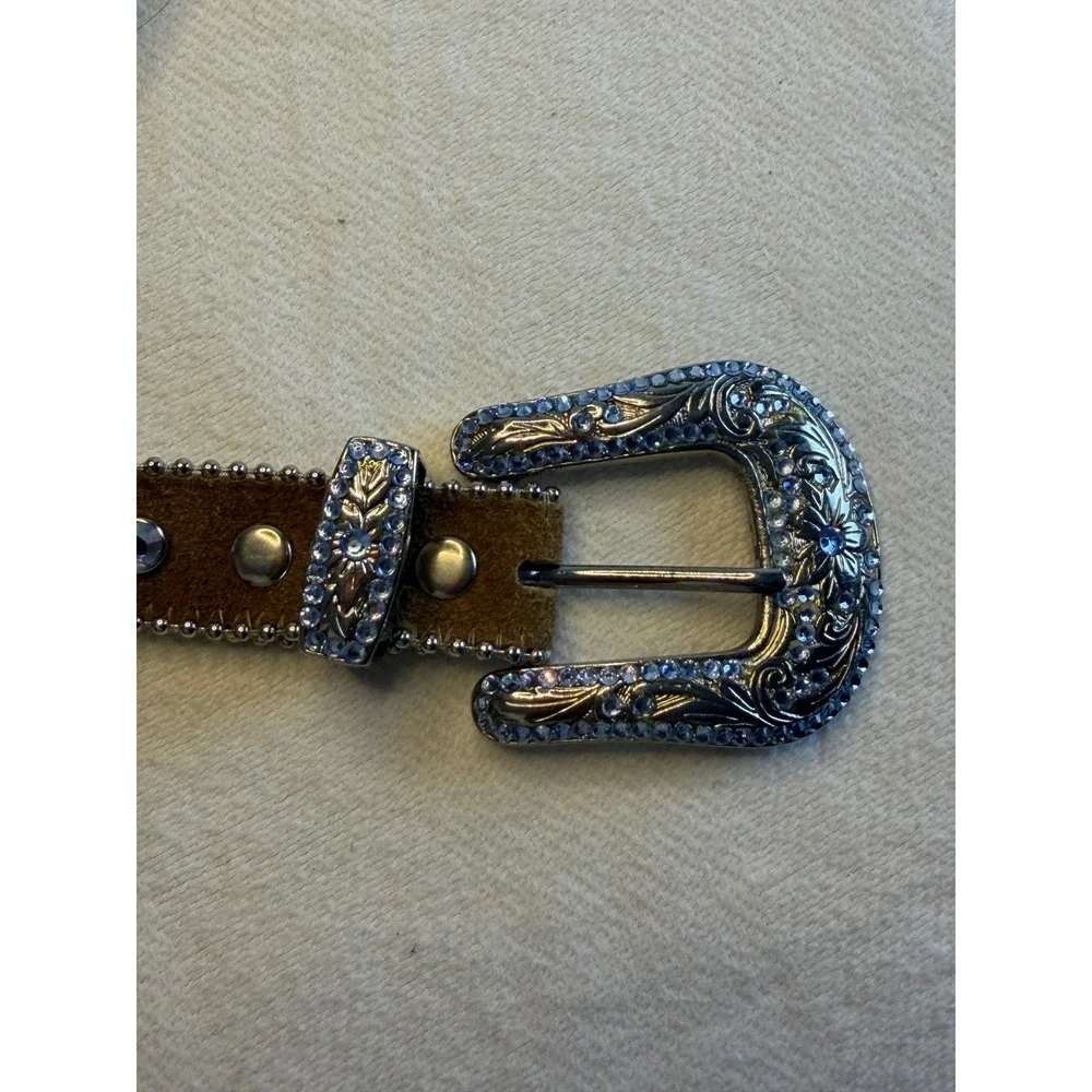 BB Simon Brown Suede Crystal Studded Western Belt Silver Buckle XXL‎ 1689 188